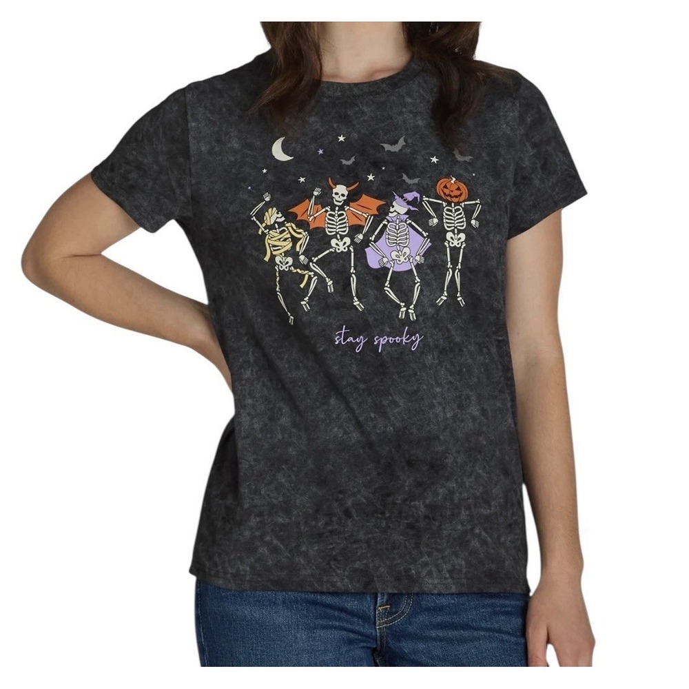 Wound Up Stay Spooky Mineral Wash T-Shirt Women XL Halloween‎ Dancing Skeleton